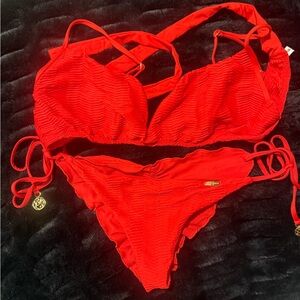 Luli Fama Red Textured Two-Piece Bikini Set